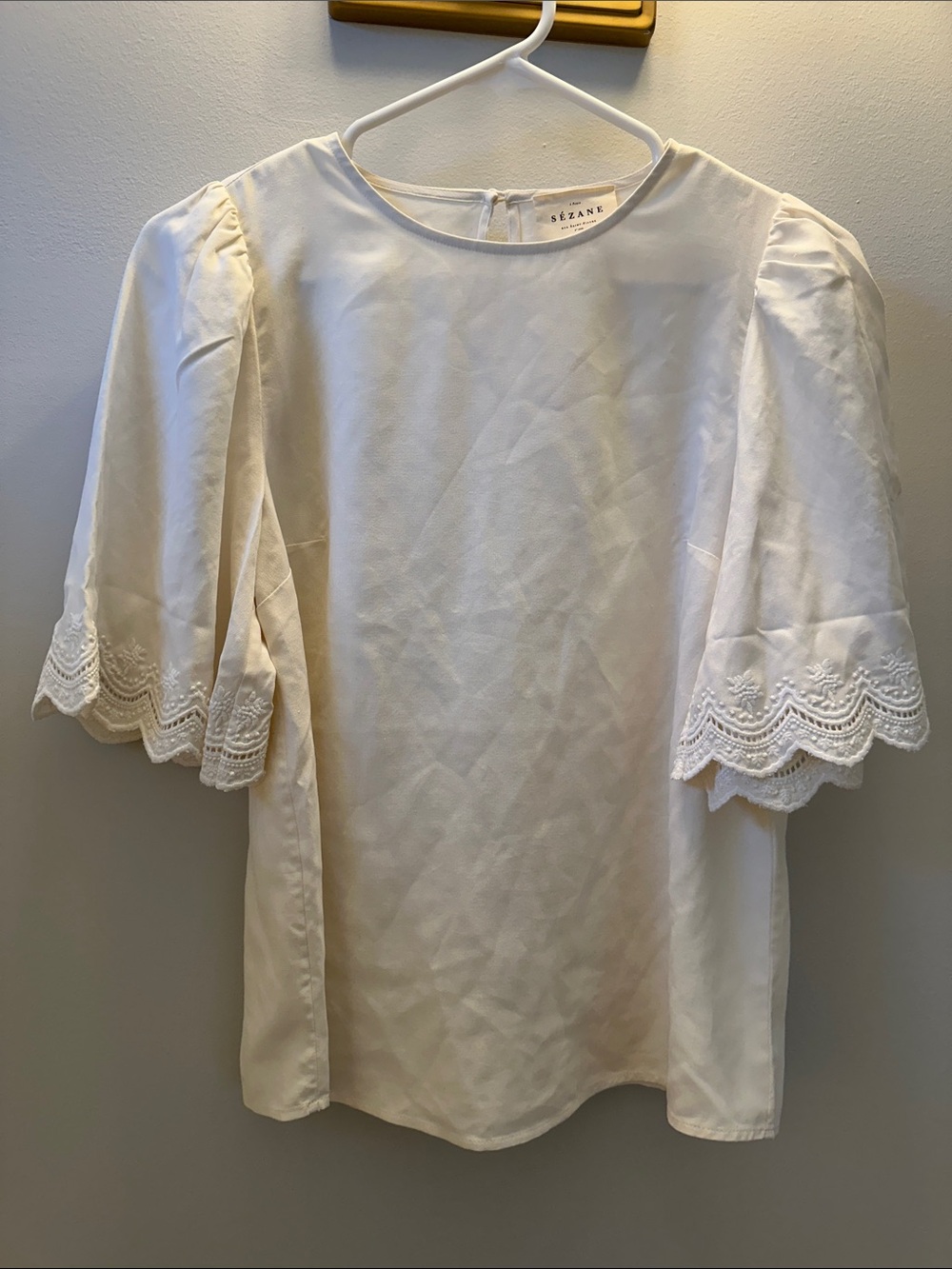 Sezane White Embroidered Flutter Sleeve Blouse